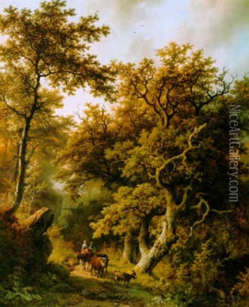 Peasants With Cattle On A Forest Path Oil Painting - Barend Cornelis Koekkoek
