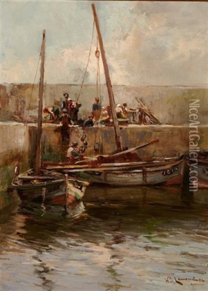 Unloading The Catch Oil Painting - William Bradley Lamond