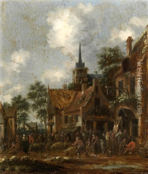 A Meat Market; And Figures Outside An Inn (2 Works) Oil Painting - Thomas Heeremans