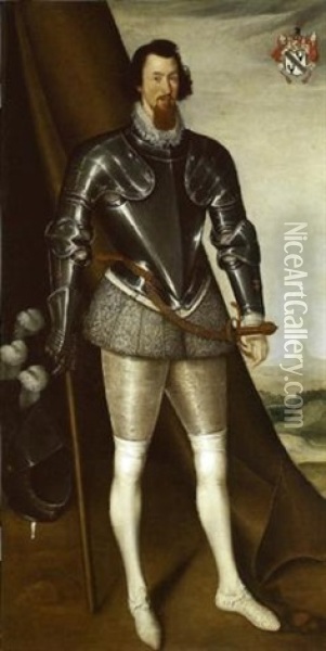 Portrait Of Sir John Needham, In Half-armour With A Grey Doublet And Hose, A Sword On His Left Oil Painting - Marcus Gerards the Younger