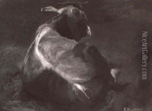 Im Heu Liegende Kuh Oil Painting - Adolf Ernst Meissner