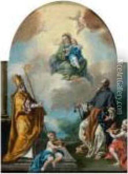 Vierge A L'enfant Entouree De Saint Augustin Et Saint Nicolas De Bari Oil Painting - Francesco de Mura