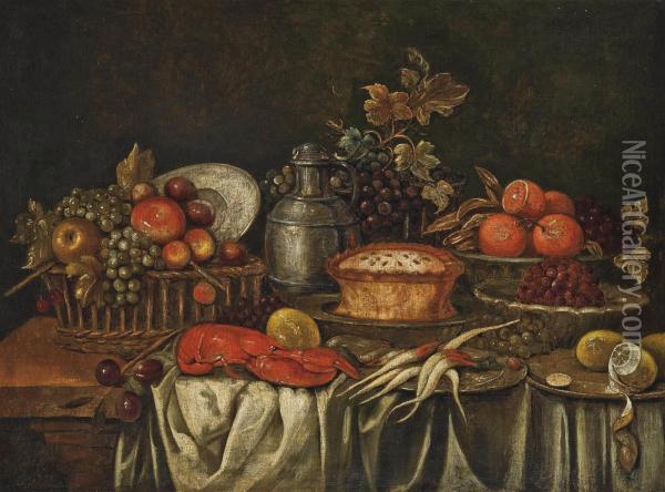 Plums And Fruit In A Basket, A Lobster, Lemons, Oranges, Grapes, A Jug And A Pie On A Partially Draped Table Oil Painting - Cornelis De Heem