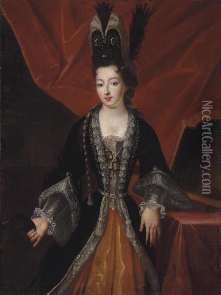 Portrait Of A Lady, Three-quarter-length, In Costume, Holding A Mask In Her Right Hand, Before A Red Curtain, In An Interior Oil Painting - Pierre Gobert