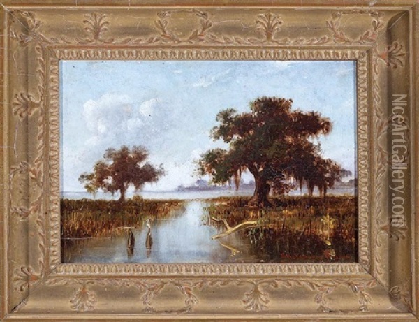 Louisiana Bayou With Live Oak Trees And Egret Oil Painting - William Henry Buck