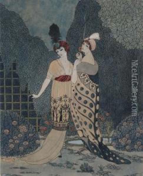 Two Women In Kimonos Oil Painting - Georges Barbier