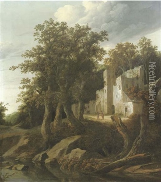 A Wooded River Landscape With Figures Conversing Outside A Ruinous Building Oil Painting - Cornelis Gerritsz Decker