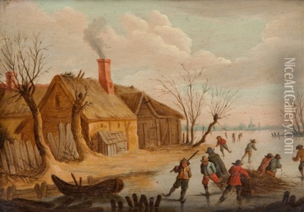 Figures Skating On A Frozen River Oil Painting - Joos de Momper the Younger