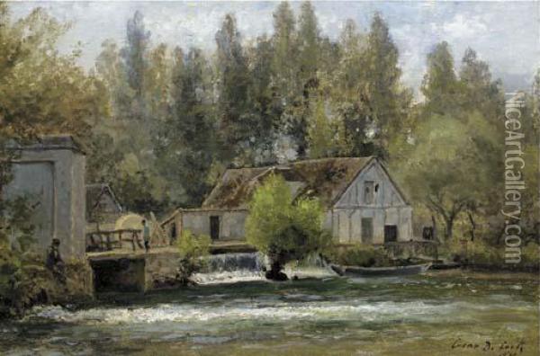 Souvenir De Gasny, Eure: Fishermen By A Watermill Oil Painting - Cesar De Cock