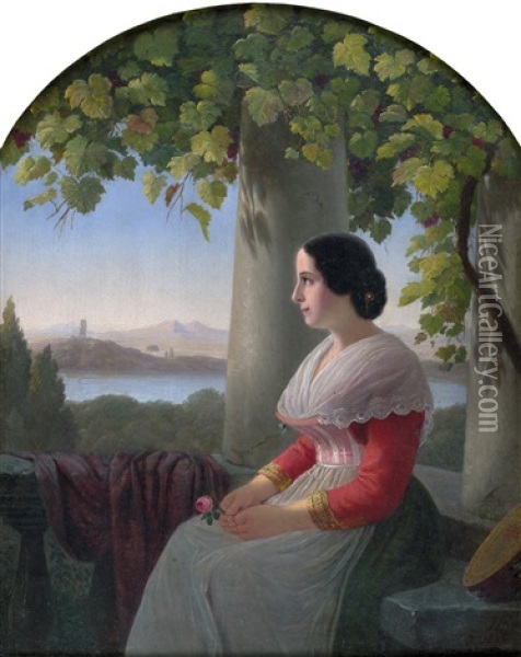 Junge Italienerin Unter Einer Pergola, Im Hintergrund Der Nemisee Oil Painting - Julius Friedlaender