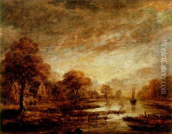 A Twilight River Landscape With Figures And Village Oil Painting - Aert van der Neer