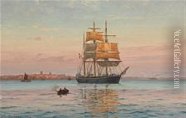 Summer Evening With A Ship Anchoring Oil Painting - Vilhelm Karl Ferdinand Arnesen