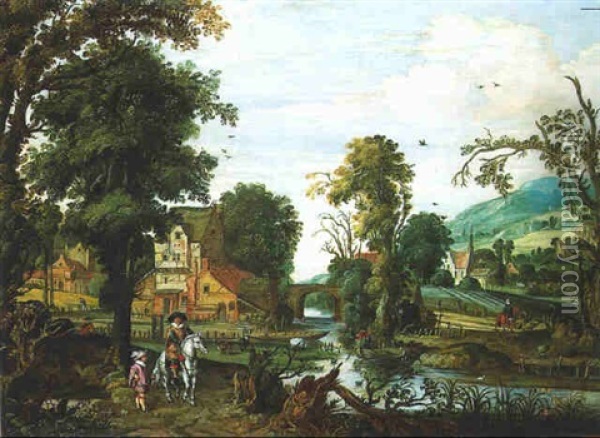 Personnages Et Cavalier Dans Un Paysage Fluvial Oil Painting - Reyer Claesz Suycker