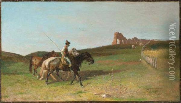 Buttero Con Cavalli Nella Campagna Romana Oil Painting - Giuseppe Raggio