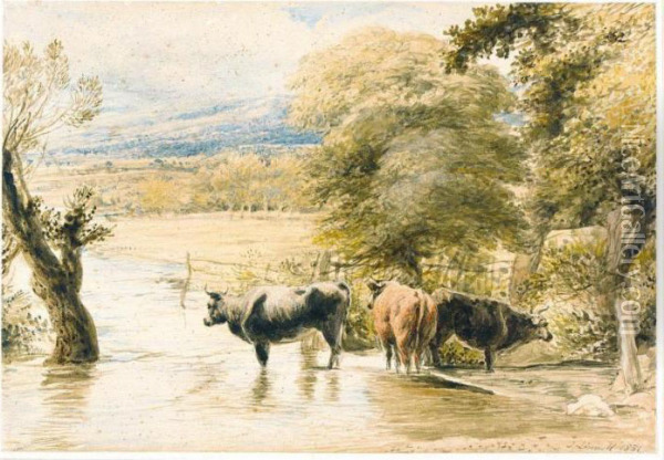 Cattle Crossing A Stream Oil Painting - John Linnell