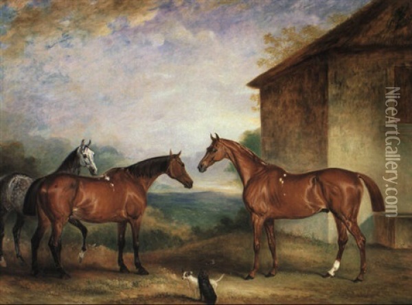 Three Hunters With Dogs, The Property Of Mr. Sidebottom Oil Painting - John E. Ferneley