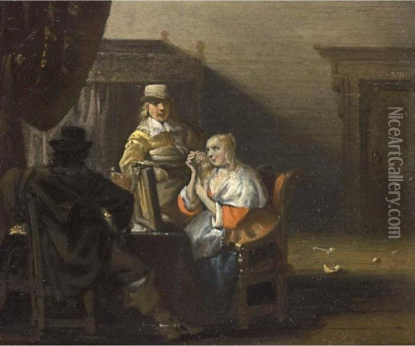 A Brothel Scene With A Lady 
Seated In Front Of A Mirror Combing Her Hair, And Two Men Around A Table Oil Painting - Antonie Palamedesz