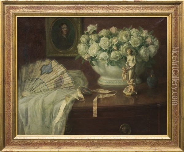 Still Life With A Fan And White Roses Oil Painting - Hermann Koch