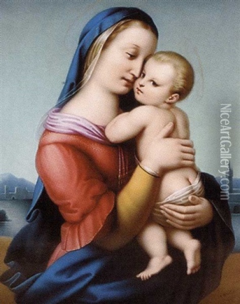 Madonna And Child With A River And City In The Distance (after Raphael) Oil Painting - Andreas Deckelmann