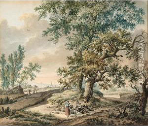 Rural Landscape With A Peasant 
Couple Resting By Large Trees, A Cornfield And A Church Behind Oil Painting - Pieter Bartholomeusz. Barbiers IV
