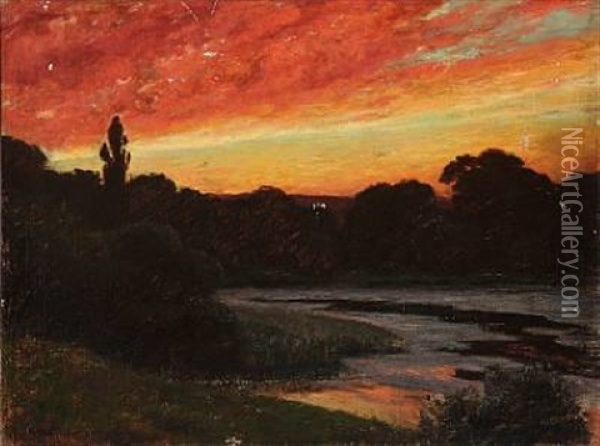 Sunset By A Pond Oil Painting - Viggo Pedersen