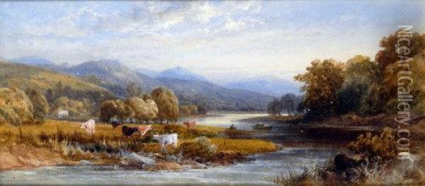An Extensive Summer River Landscape With Cattle, Fishing From A Boat Oil Painting - James Burrell-Smith