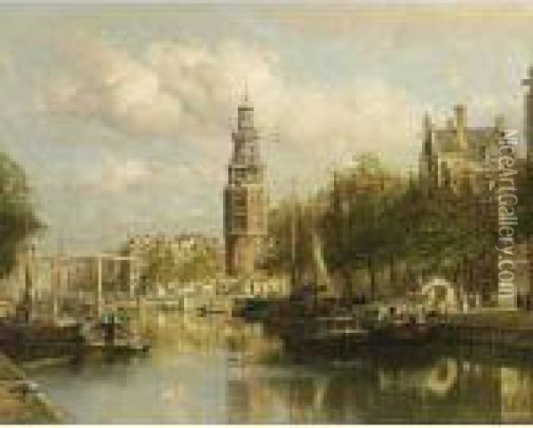 A View Of The Montelbaanstoren, Amsterdam Oil Painting - Johannes Christiaan Karel Klinkenberg