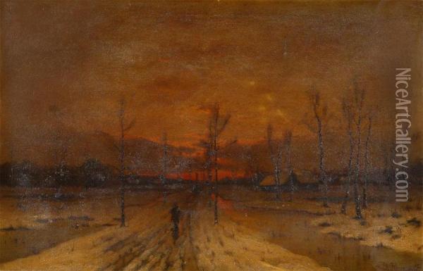 Winter Evening Landscape With Walker Near The Mere Oil Painting - Eduard, Hein Jr.