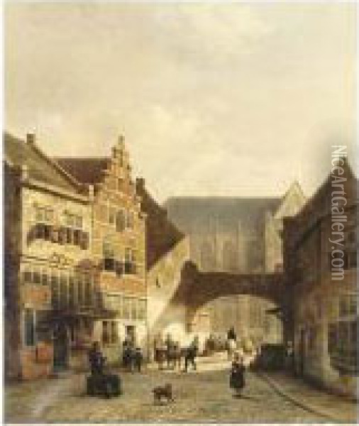 Villagers In A Dutch Town Oil Painting - Kasparus Karsen