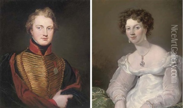 Portrait Of Sir James Robertson Bruce In Military Uniform Wearing The Wellington Medal (+ Portrait Of Ellen Bamford Hesketh In A White Dress And Pearls, Insc.; Pair) Oil Painting - George Hayter