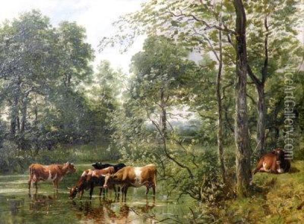 'wooded Landscape With Cattle Watering Oil Painting - Frederick Richard Lee