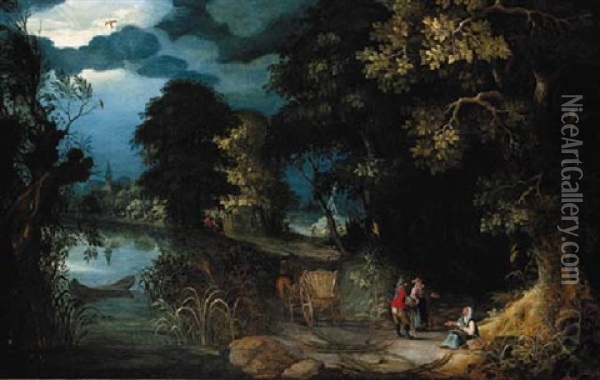 A Wooded River Landscape With A Woman Seeking Alms From Travellers On A Path Oil Painting - Abraham Govaerts