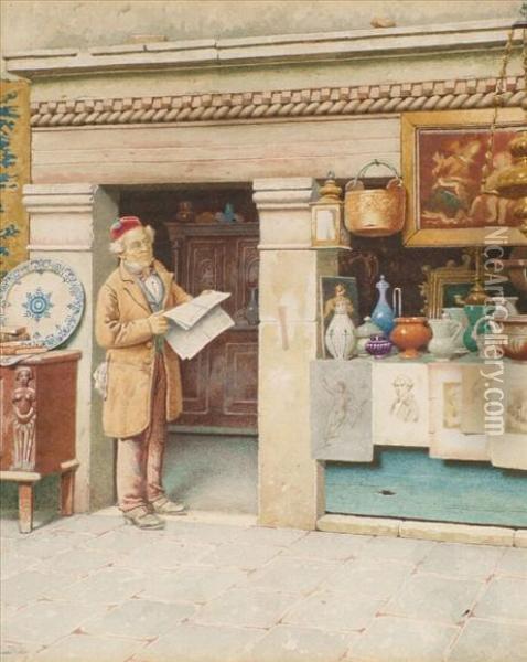 Anantique Dealer Standing Outside His Shop Oil Painting - A. Canella
