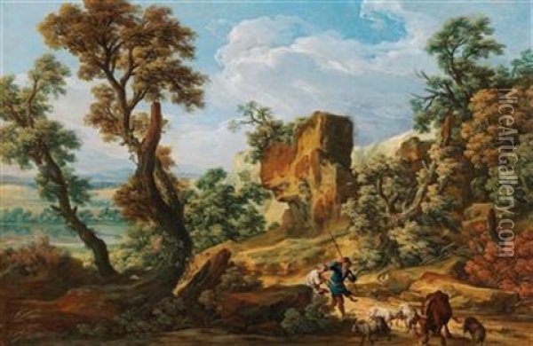 A Southern Landscape With Shepherds And Their Flock Oil Painting - Johann Samuel Hoetzendorf