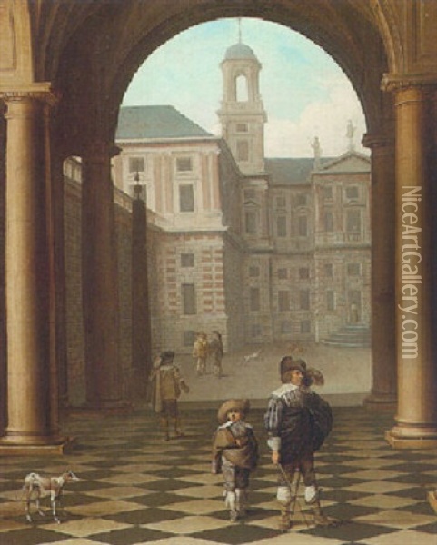 An Architectural Capriccio Of A Courtyard Of An Elegant Palace, A Man And His Son Walking In A Paved Arcade Oil Painting - Dirck Van Delen