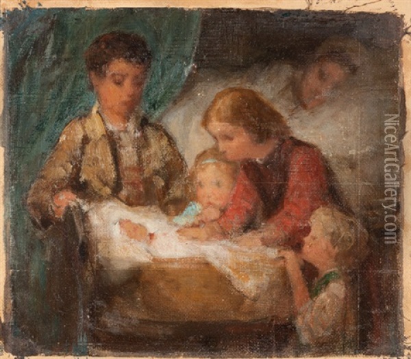 Das Neugeborene (study For Painting) Oil Painting - Albert Anker