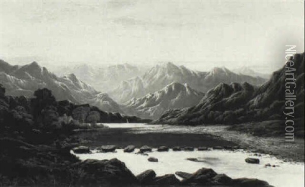 Highland Loch And Mountains Oil Painting - Charles Leslie