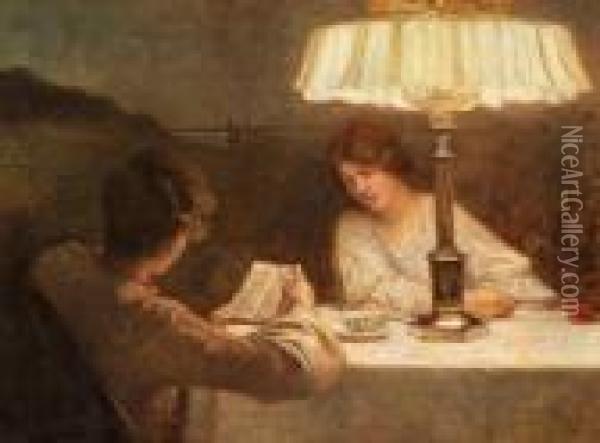 Figures Reading By Lamplight At Dusk Oil Painting - Christian Clausen