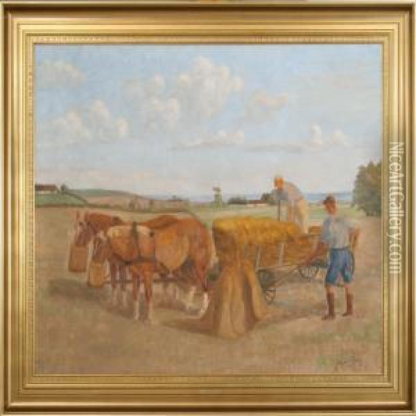 Harvest Scenery. Signed Jorgen Ploug 1937 Oil Painting - Jorgen Ploug