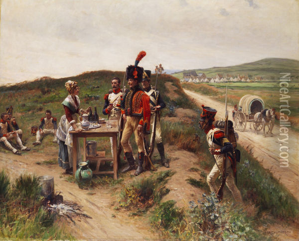 Soldaten Bei Einer Jungen Markthandlerin Auf Der Rast Oil Painting - Adrien Moreau