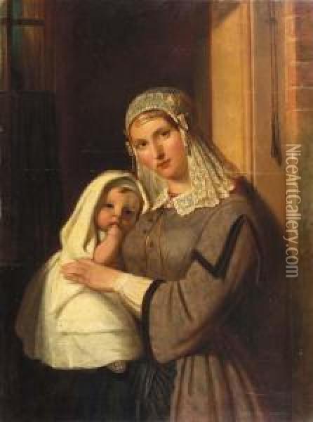 A Woman In The Regional Costume Of Gouda Holding A Child Oil Painting - Frederik Marianus Kruseman