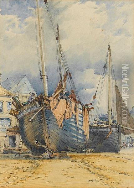 A Boat And Fishermen On The Shore Oil Painting - William Callow
