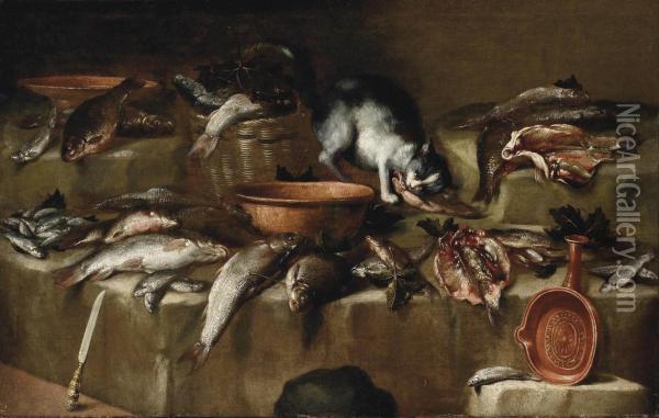 Natura Morta Di Pesci Con Un Gatto Oil Painting - Bartolomeo Arbotori