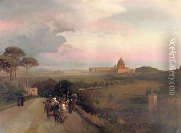 Pilgrims on the Via Cassia, Rome Oil Painting - Oswald Achenbach