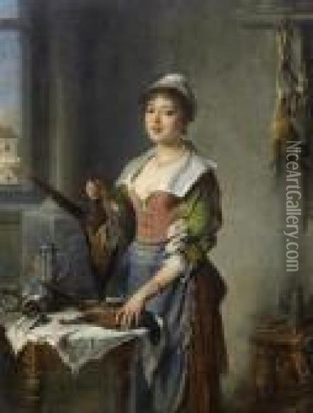 Girl In A Kitchen Oil Painting - Hermann Kern