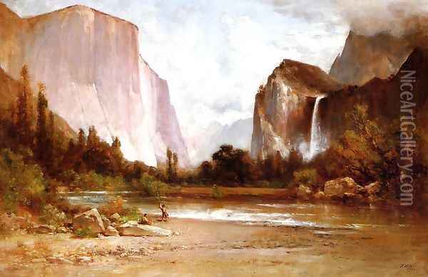 Piute Indians Fishing in Yosemite Oil Painting - Thomas Hill