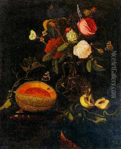 Stilleben Mit Blumen Und Melone Oil Painting - Willem Van Aelst