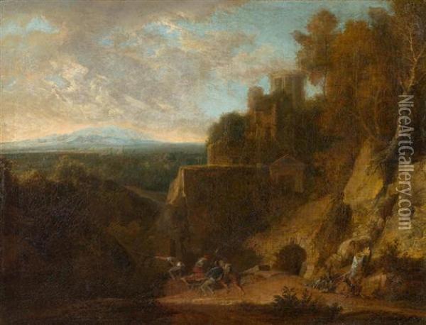 Landscape With Ruins And Fighting Figures. Oil Painting - Francisque I Millet