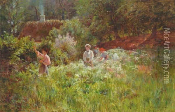 Sommerdag I Skoven Med Unge Piger, Der Plukker Blomster Oil Painting - Carl Carlsen