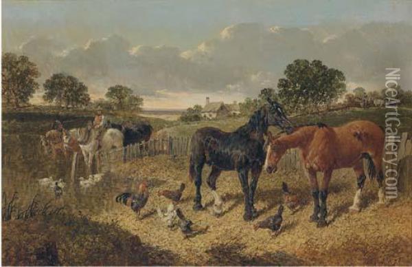 Horses And Chickens In A Farmyard Oil Painting - John Frederick Herring Snr